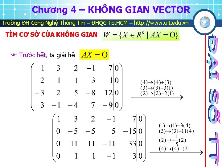 Chương 4 – KHÔNG GIAN VECTOR Trường ĐH Công Nghệ Thông Tin – ĐHQG