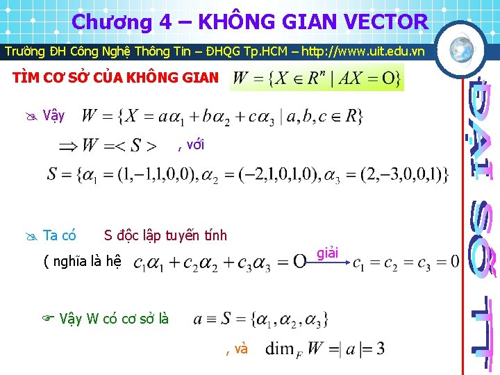 Chương 4 – KHÔNG GIAN VECTOR Trường ĐH Công Nghệ Thông Tin – ĐHQG