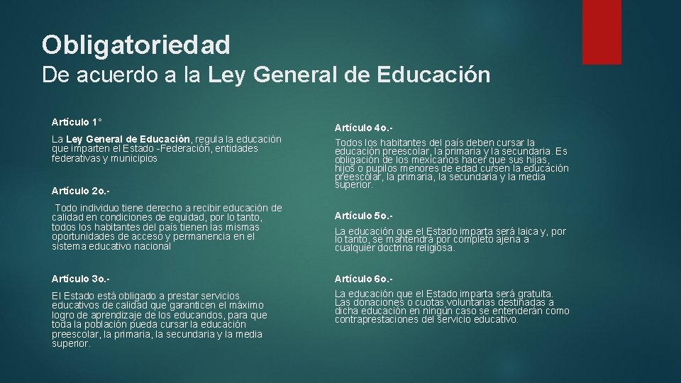 Obligatoriedad De acuerdo a la Ley General de Educación Artículo 1° La Ley General