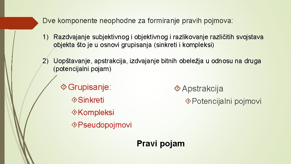 Dve komponente neophodne za formiranje pravih pojmova: 1) Razdvajanje subjektivnog i objektivnog i razlikovanje