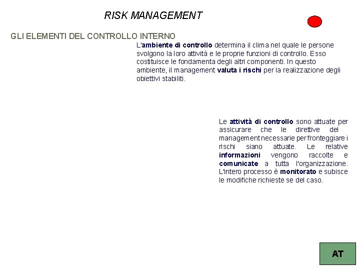 RISK MANAGEMENT GLI ELEMENTI DEL CONTROLLO INTERNO L'ambiente di controllo determina il clima nel