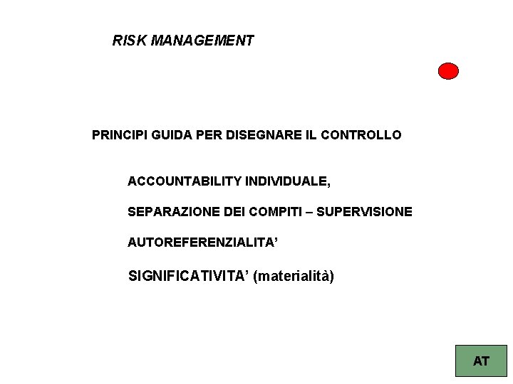 RISK MANAGEMENT PRINCIPI GUIDA PER DISEGNARE IL CONTROLLO ACCOUNTABILITY INDIVIDUALE, SEPARAZIONE DEI COMPITI –