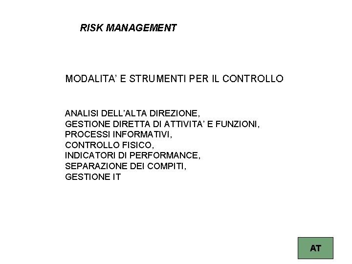 RISK MANAGEMENT MODALITA’ E STRUMENTI PER IL CONTROLLO ANALISI DELL’ALTA DIREZIONE, GESTIONE DIRETTA DI