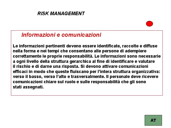 RISK MANAGEMENT Informazioni e comunicazioni Le informazioni pertinenti devono essere identificate, raccolte e diffuse