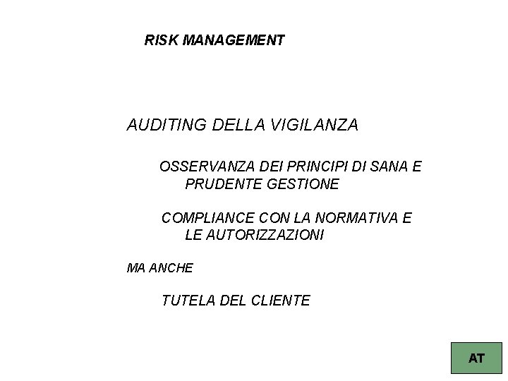 RISK MANAGEMENT AUDITING DELLA VIGILANZA OSSERVANZA DEI PRINCIPI DI SANA E PRUDENTE GESTIONE COMPLIANCE