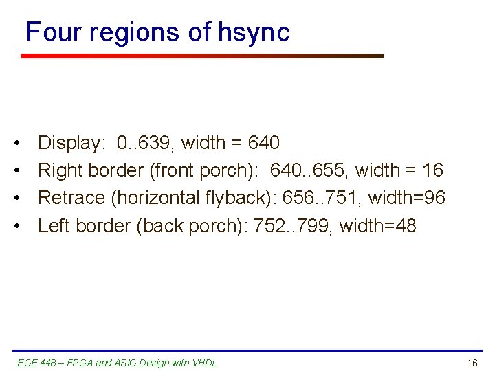 Four regions of hsync • • Display: 0. . 639, width = 640 Right
