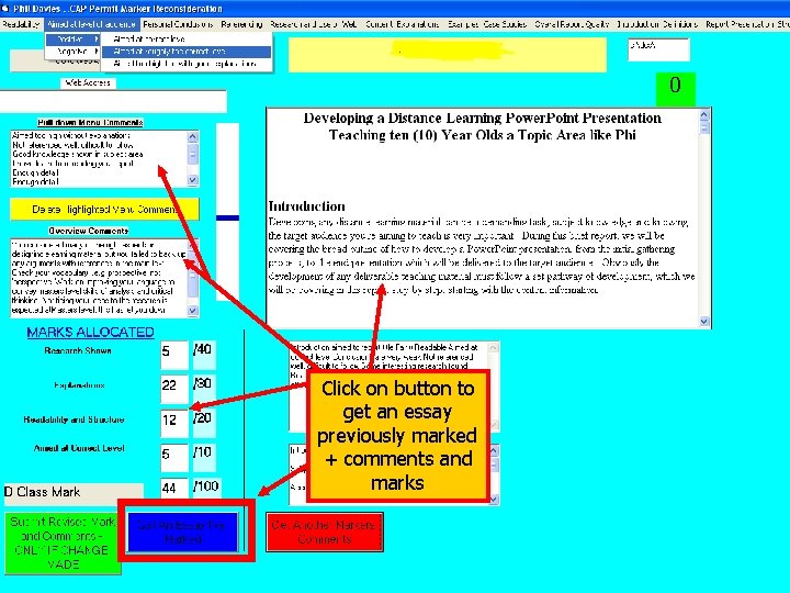 Click on button to get an essay previously marked + comments and marks 