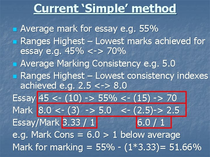 Current ‘Simple’ method Average mark for essay e. g. 55% n Ranges Highest –