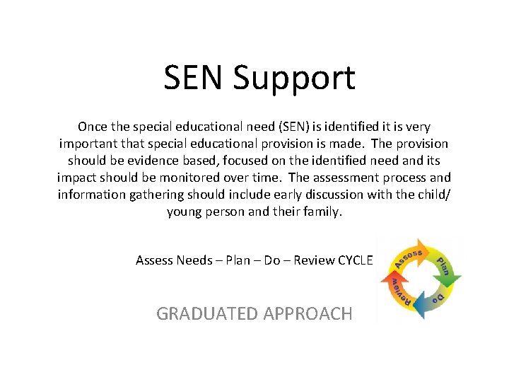 SEN Support Once the special educational need (SEN) is identified it is very important