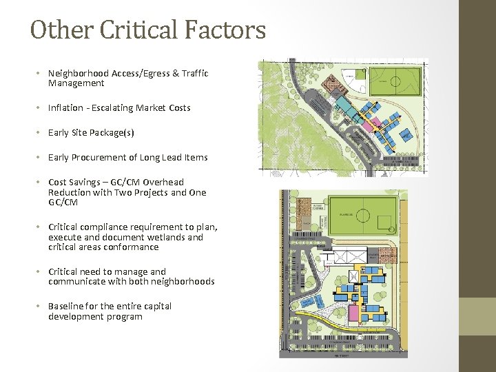 Other Critical Factors • Neighborhood Access/Egress & Traffic Management • Inflation - Escalating Market
