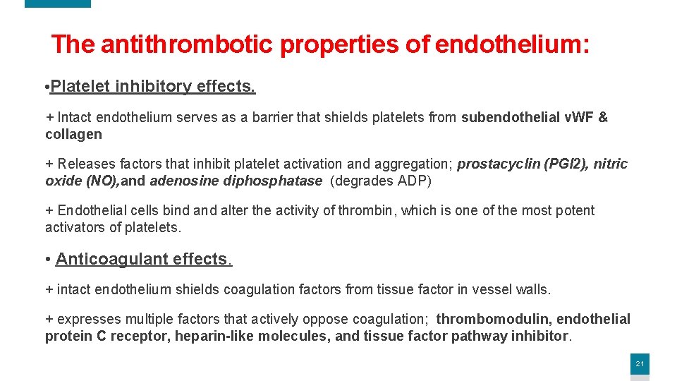 The antithrombotic properties of endothelium: • Platelet inhibitory effects. + Intact endothelium serves as