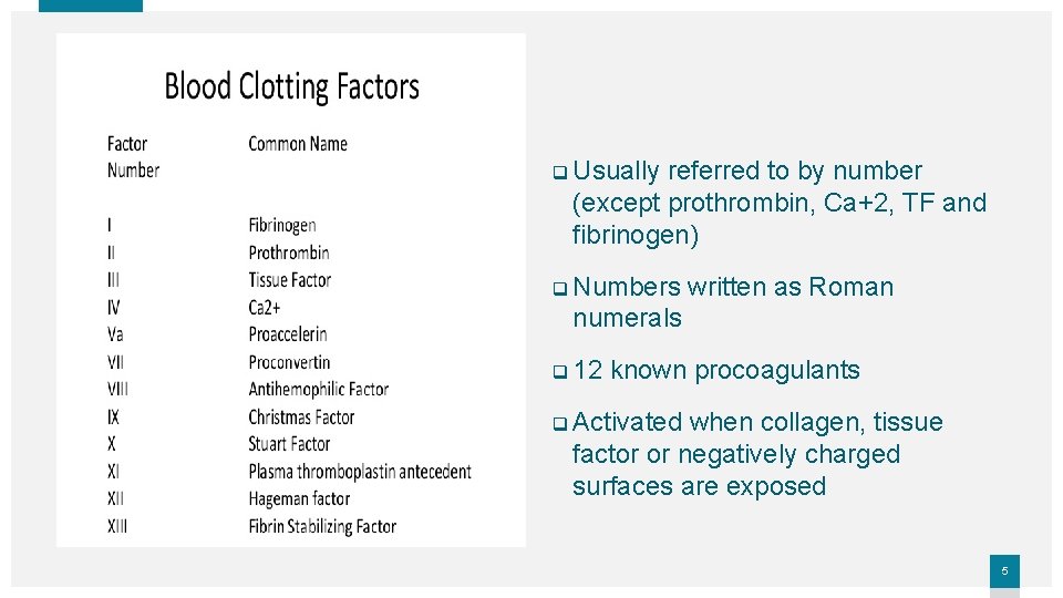 q Usually referred to by number (except prothrombin, Ca+2, TF and fibrinogen) q Numbers