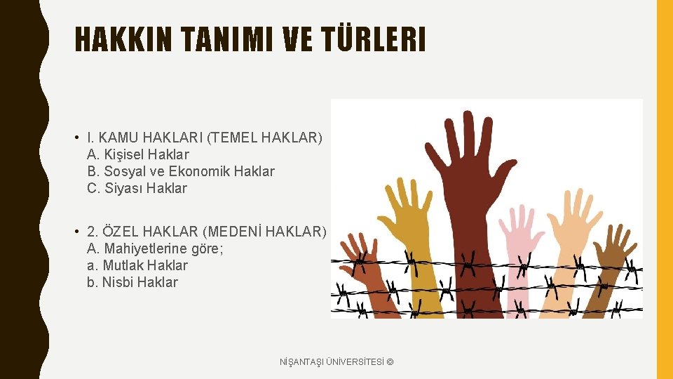 HAKKIN TANIMI VE TÜRLERI • I. KAMU HAKLARI (TEMEL HAKLAR) A. Kişisel Haklar B.