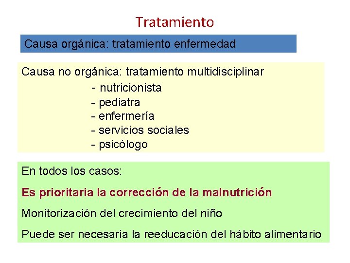 Tratamiento Causa orgánica: tratamiento enfermedad Causa no orgánica: tratamiento multidisciplinar - nutricionista - pediatra