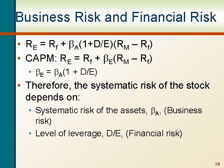 Business Risk and Financial Risk • RE = Rf + A(1+D/E)(RM – Rf) •