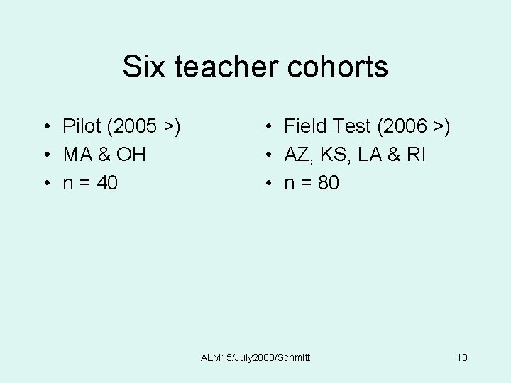 Six teacher cohorts • Pilot (2005 >) • MA & OH • n =