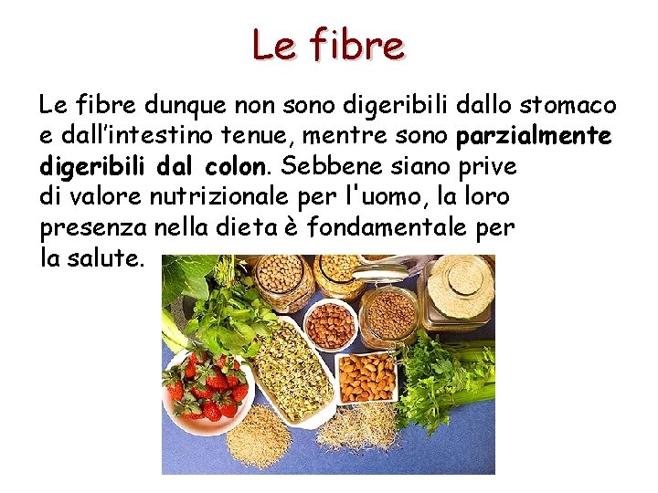 Le fibre dunque non sono digeribili dallo stomaco e dall’intestino tenue, mentre sono parzialmente