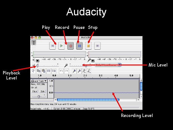 Audacity Play Record Pause Stop Mic Level Playback Level Recording Level 