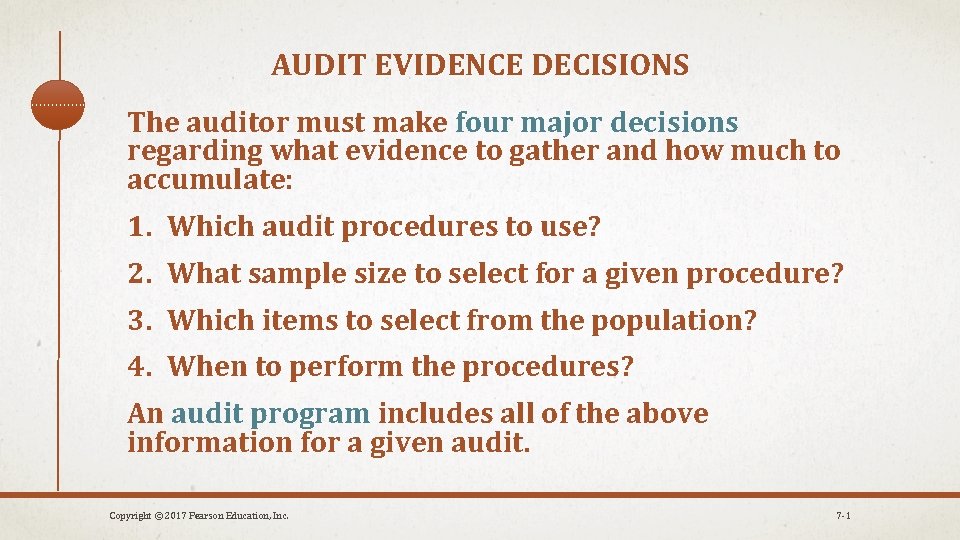 AUDIT EVIDENCE DECISIONS The auditor must make four major decisions regarding what evidence to