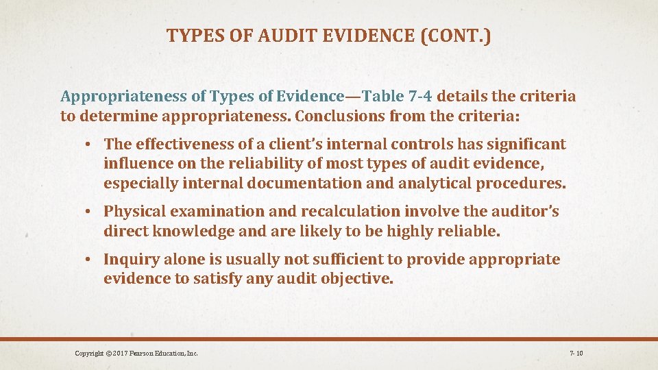TYPES OF AUDIT EVIDENCE (CONT. ) Appropriateness of Types of Evidence—Table 7 -4 details