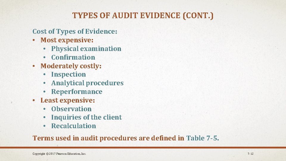 TYPES OF AUDIT EVIDENCE (CONT. ) Cost of Types of Evidence: • Most expensive: