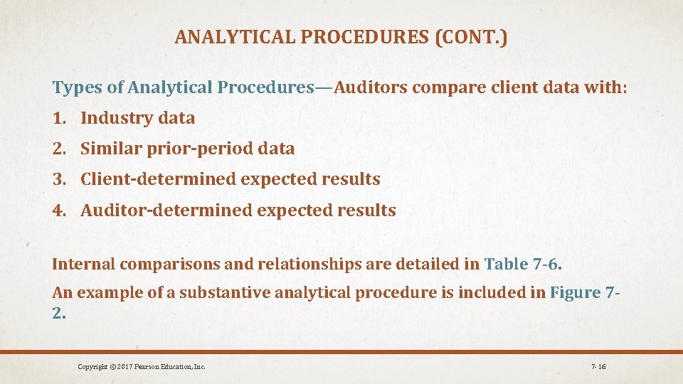 ANALYTICAL PROCEDURES (CONT. ) Types of Analytical Procedures—Auditors compare client data with: 1. Industry