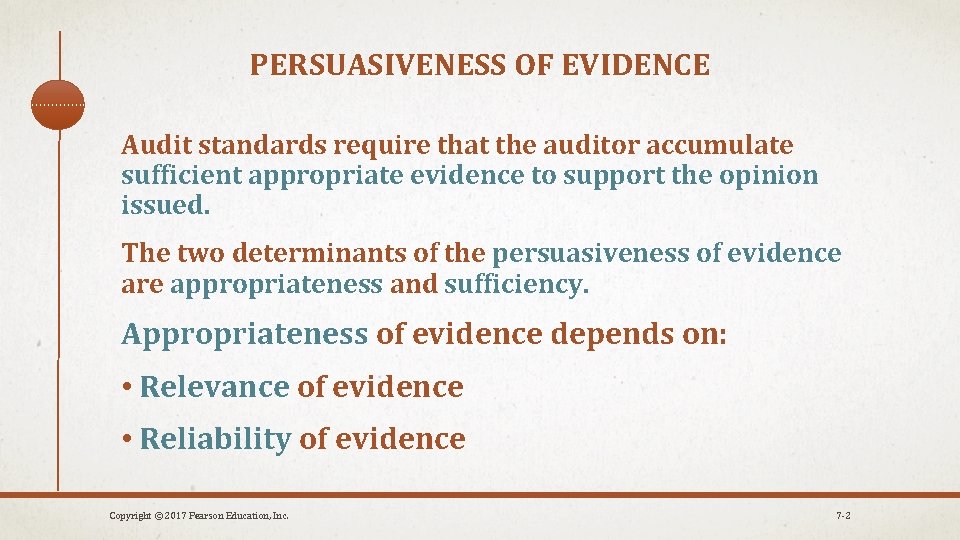 PERSUASIVENESS OF EVIDENCE Audit standards require that the auditor accumulate sufficient appropriate evidence to