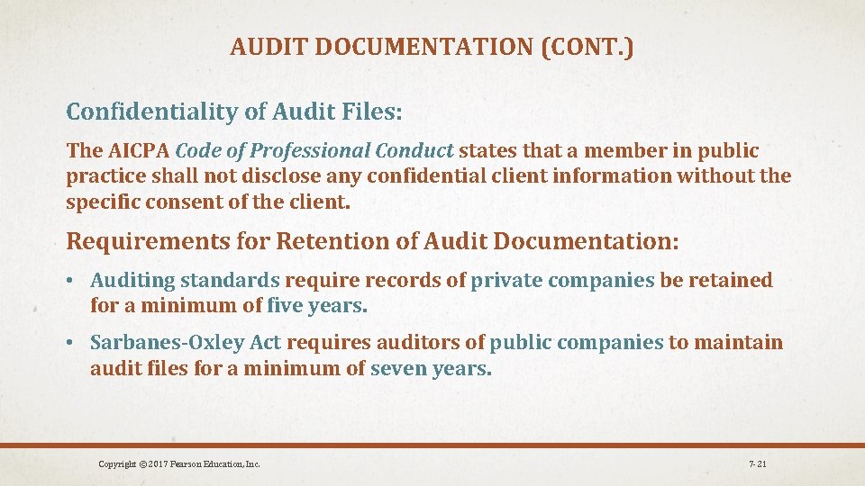 AUDIT DOCUMENTATION (CONT. ) Confidentiality of Audit Files: The AICPA Code of Professional Conduct