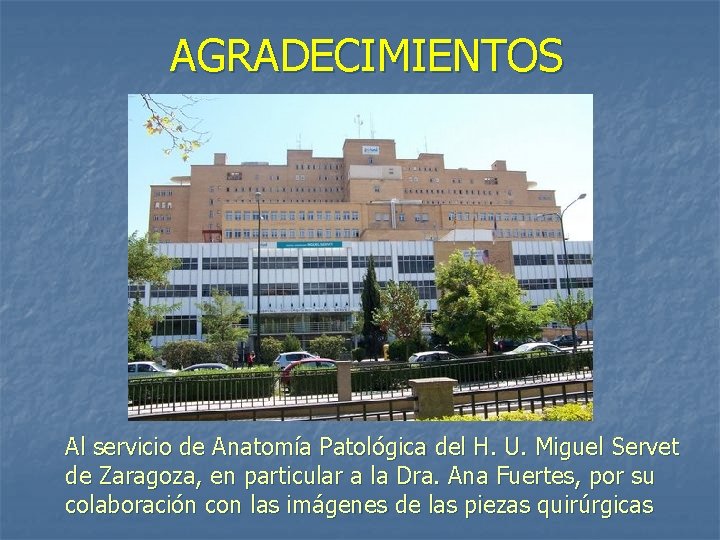 AGRADECIMIENTOS Al servicio de Anatomía Patológica del H. U. Miguel Servet de Zaragoza, en