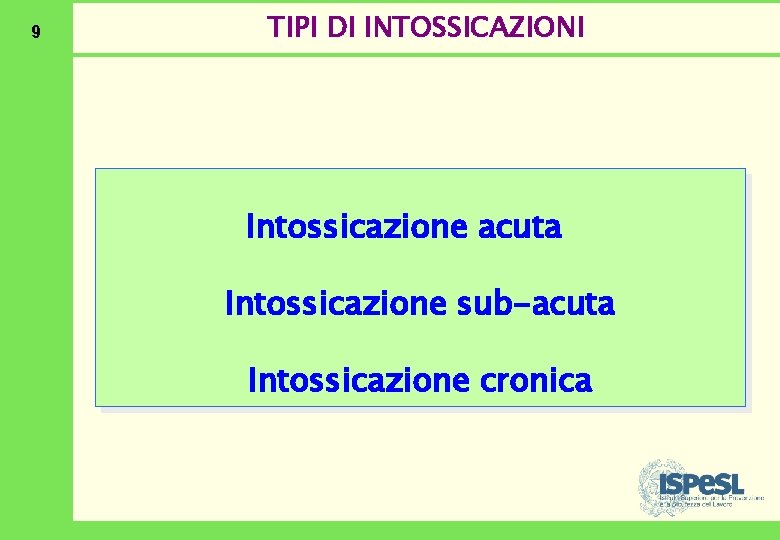 9 TIPI DI INTOSSICAZIONI Intossicazione acuta Intossicazione sub-acuta Intossicazione cronica 