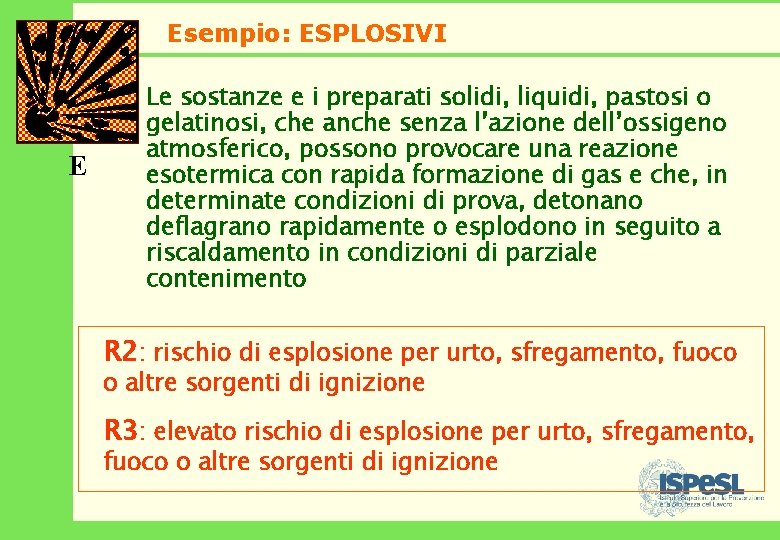 Esempio: ESPLOSIVI 18 E Le sostanze e i preparati solidi, liquidi, pastosi o gelatinosi,