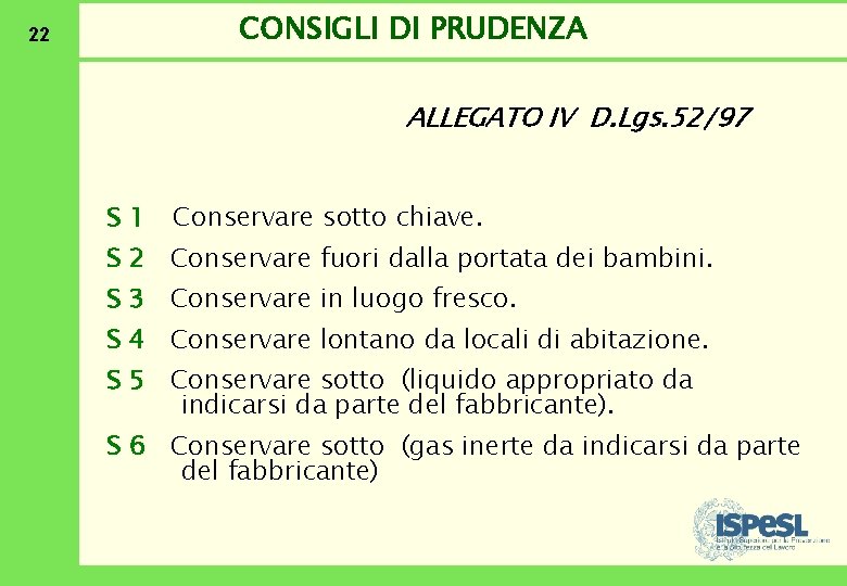 CONSIGLI DI PRUDENZA 22 ALLEGATO IV D. Lgs. 52/97 S 1 Conservare sotto chiave.