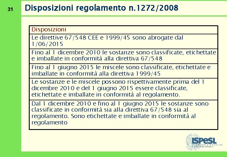 31 Disposizioni regolamento n. 1272/2008 Disposizioni Le direttive 67/548 CEE e 1999/45 sono abrogate