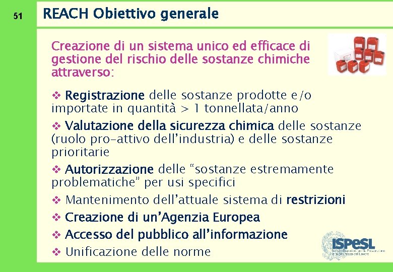 51 REACH Obiettivo generale Creazione di un sistema unico ed efficace di gestione del