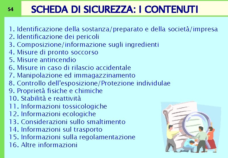 54 SCHEDA DI SICUREZZA: I CONTENUTI 1. Identificazione della sostanza/preparato e della società/impresa 2.