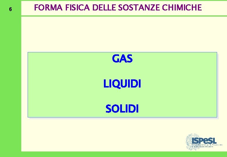 6 FORMA FISICA DELLE SOSTANZE CHIMICHE GAS LIQUIDI SOLIDI 