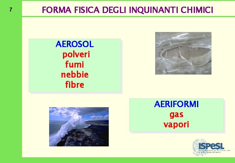 7 FORMA FISICA DEGLI INQUINANTI CHIMICI AEROSOL polveri fumi nebbie fibre AERIFORMI gas vapori