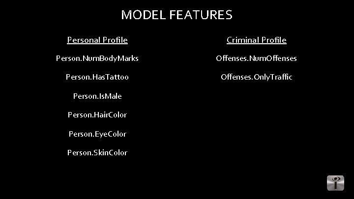 MODEL FEATURES Personal Profile Criminal Profile Person. Num. Body. Marks Offenses. Num. Offenses Person.