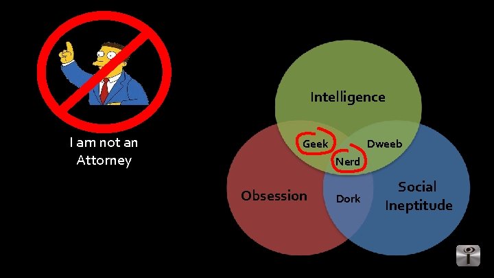 Intelligence I am not an Attorney Geek Dweeb Nerd Obsession Dork Social Ineptitude 