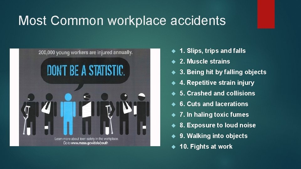 Most Common workplace accidents 1. Slips, trips and falls 2. Muscle strains 3. Being