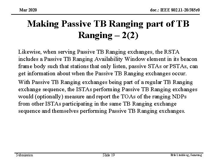 Mar 2020 doc. : IEEE 802. 11 -20/385 r 0 Making Passive TB Ranging