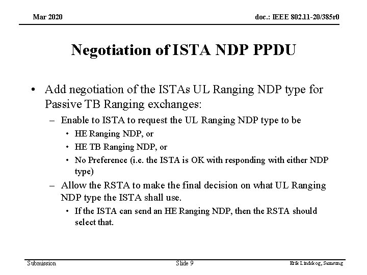 Mar 2020 doc. : IEEE 802. 11 -20/385 r 0 Negotiation of ISTA NDP