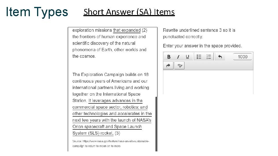 Item Types Short Answer (SA) Items 