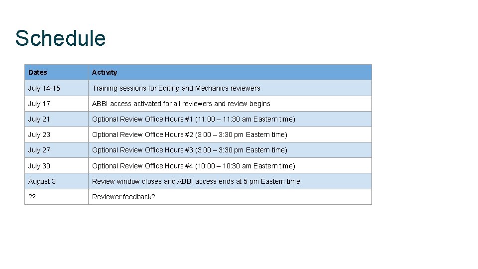 Schedule Dates Activity July 14 -15 Training sessions for Editing and Mechanics reviewers July