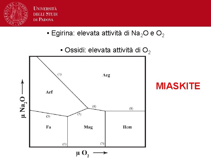  • Egirina: elevata attività di Na 2 O e O 2 • Ossidi: