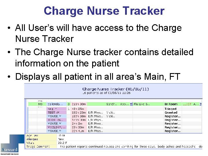 Charge Nurse Tracker • All User’s will have access to the Charge Nurse Tracker