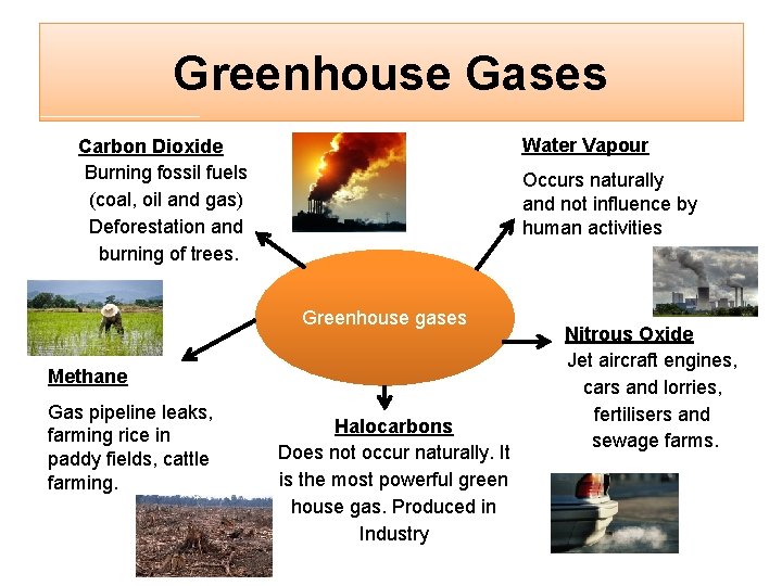 Greenhouse Gases Water Vapour Carbon Dioxide Burning fossil fuels (coal, oil and gas) Deforestation
