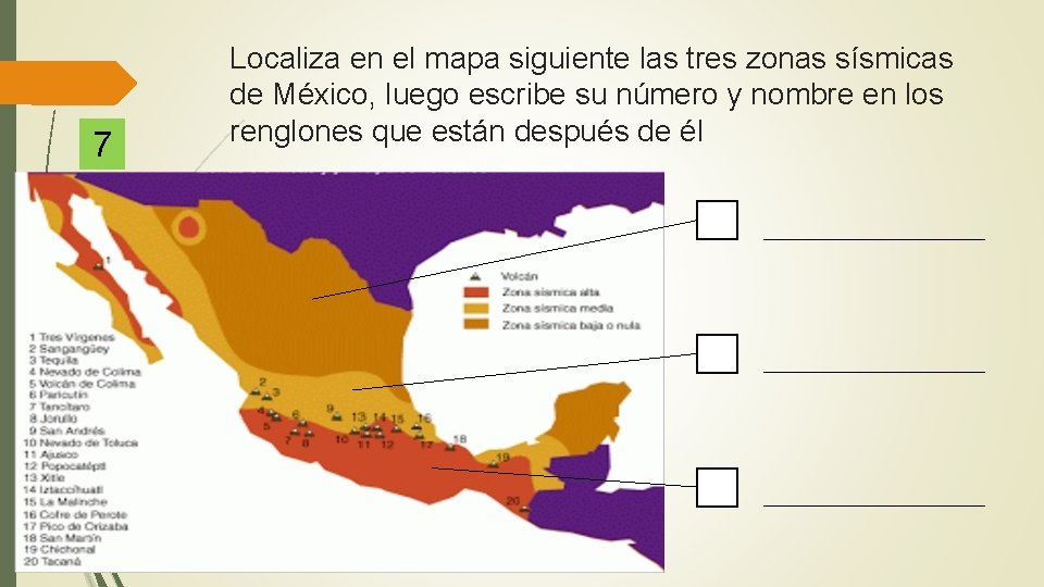 7 Localiza en el mapa siguiente las tres zonas sísmicas de México, luego escribe