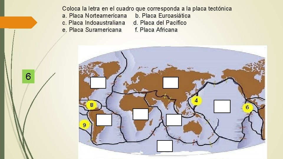 Coloca la letra en el cuadro que corresponda a la placa tectónica a. Placa