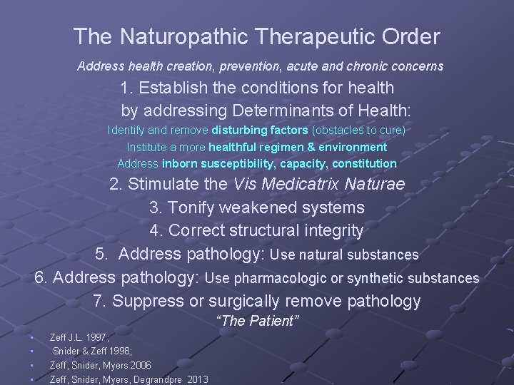 The Naturopathic Therapeutic Order Address health creation, prevention, acute and chronic concerns 1. Establish